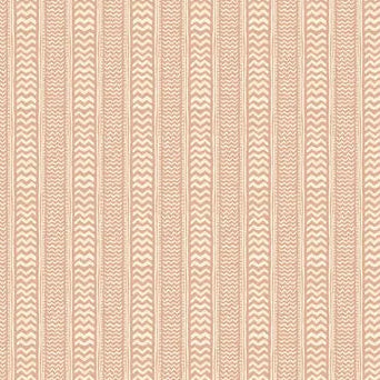 A close-up of a wallpaper pattern featuring vertical stripes with a textured chevron and basketweave design in warm beige and cream.
