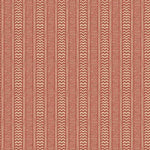 A close-up of a wallpaper pattern featuring vertical stripes with a repeating chevron and textured design in terracotta red and beige.