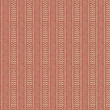 A close-up of a wallpaper pattern featuring vertical stripes with a repeating chevron and textured design in terracotta red and beige.