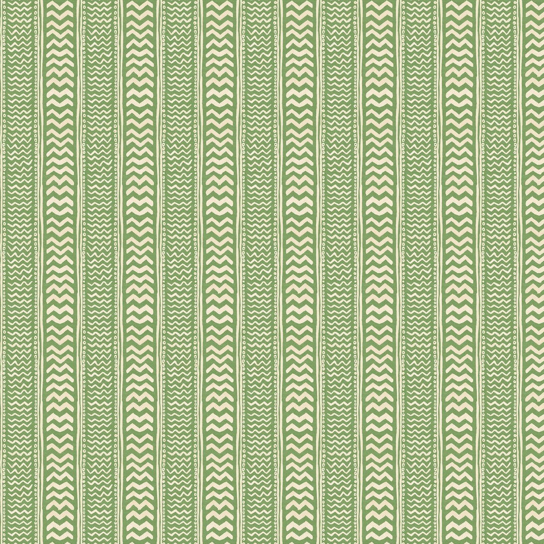 A vertical rectangular wallpaper featuring a repeating woven pattern of vertical stripes with chevron and dotted motifs in sage green and off-white, shown against a white background.
