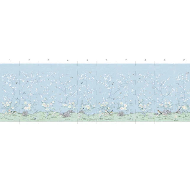 A horizontal strip of decorative wallpaper or fabric border featuring a light blue sky with delicate white blossoms and green grass along the bottom, shown against a white background.