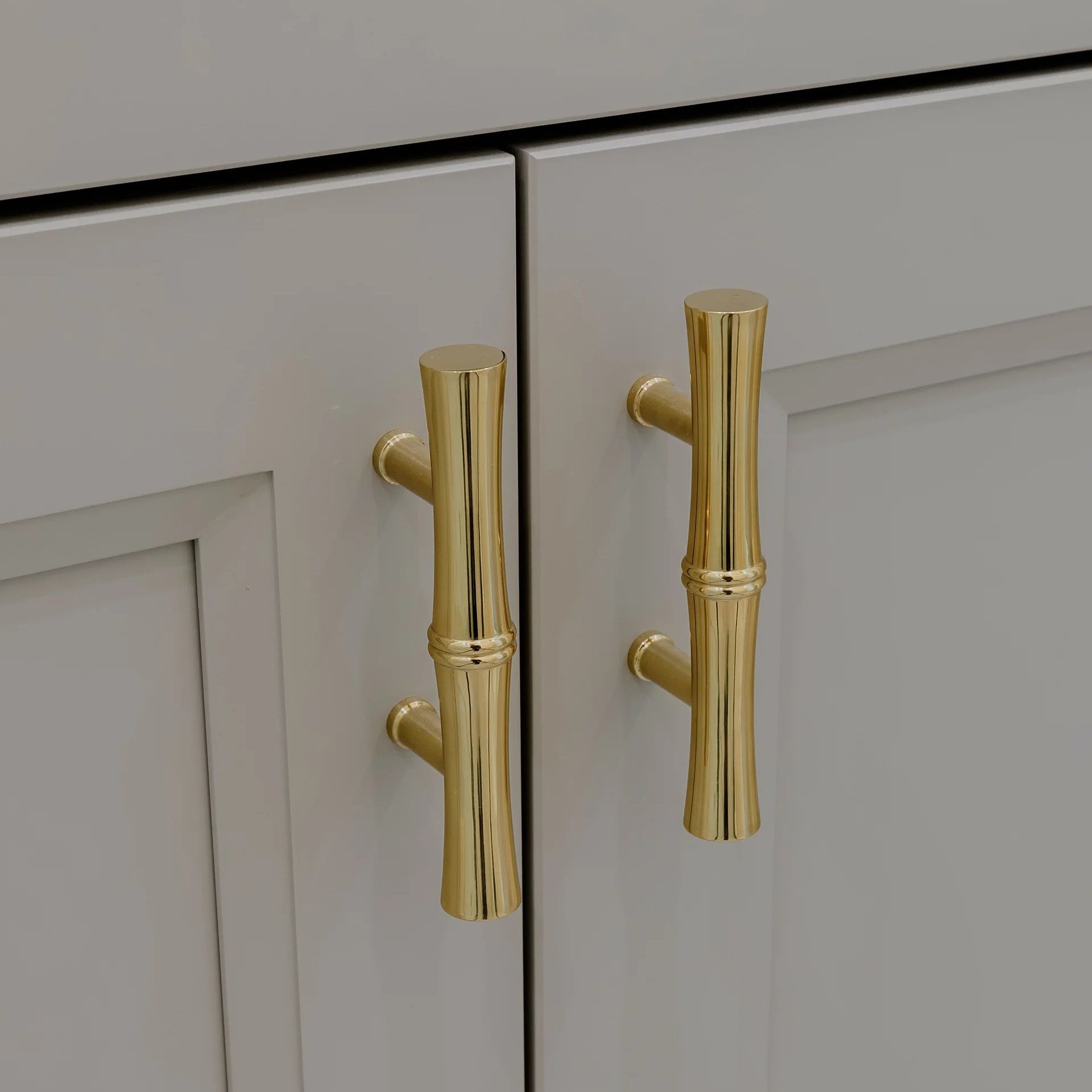 Two brass bamboo-style cabinet handles mounted on light gray paneled doors.