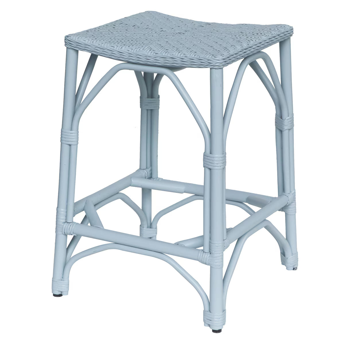 Light blue wicker stool on a white background