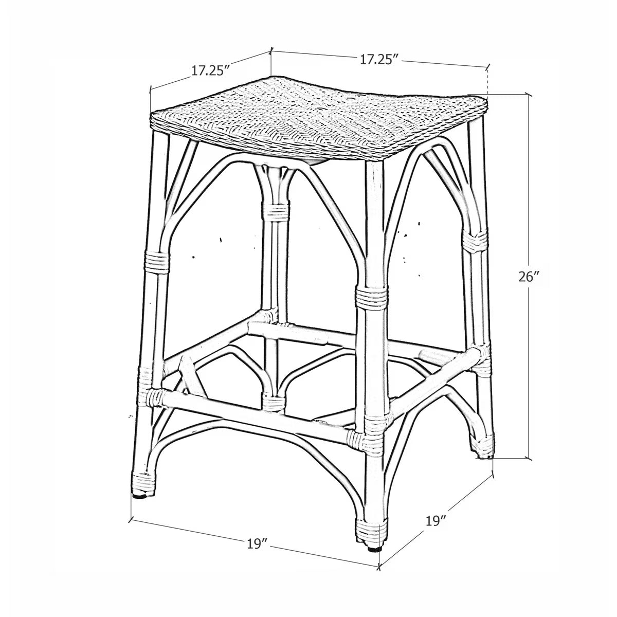 Line drawing of a stool with dimensions labeled
