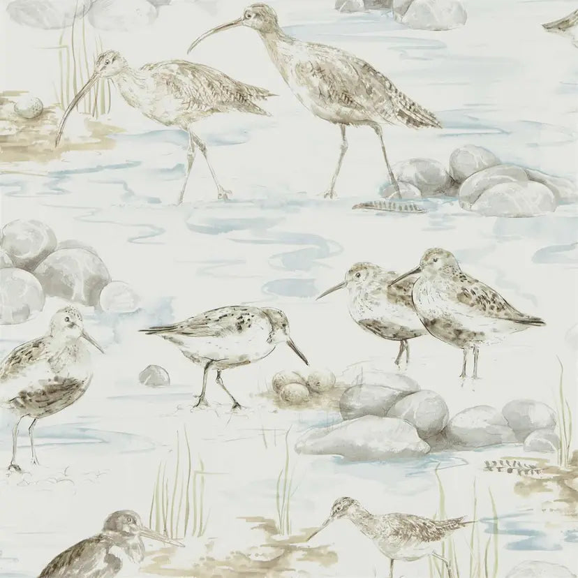 Pattern of wading birds and rocks on a light background