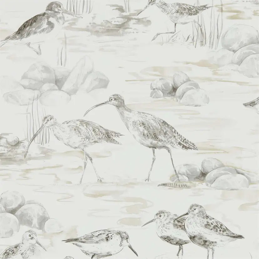 Pattern of birds and shells on a textured beige background