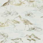 Pattern of wading birds and pebbles on a light background