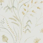 Decorative wallpaper with floral and leaf patterns on a light background