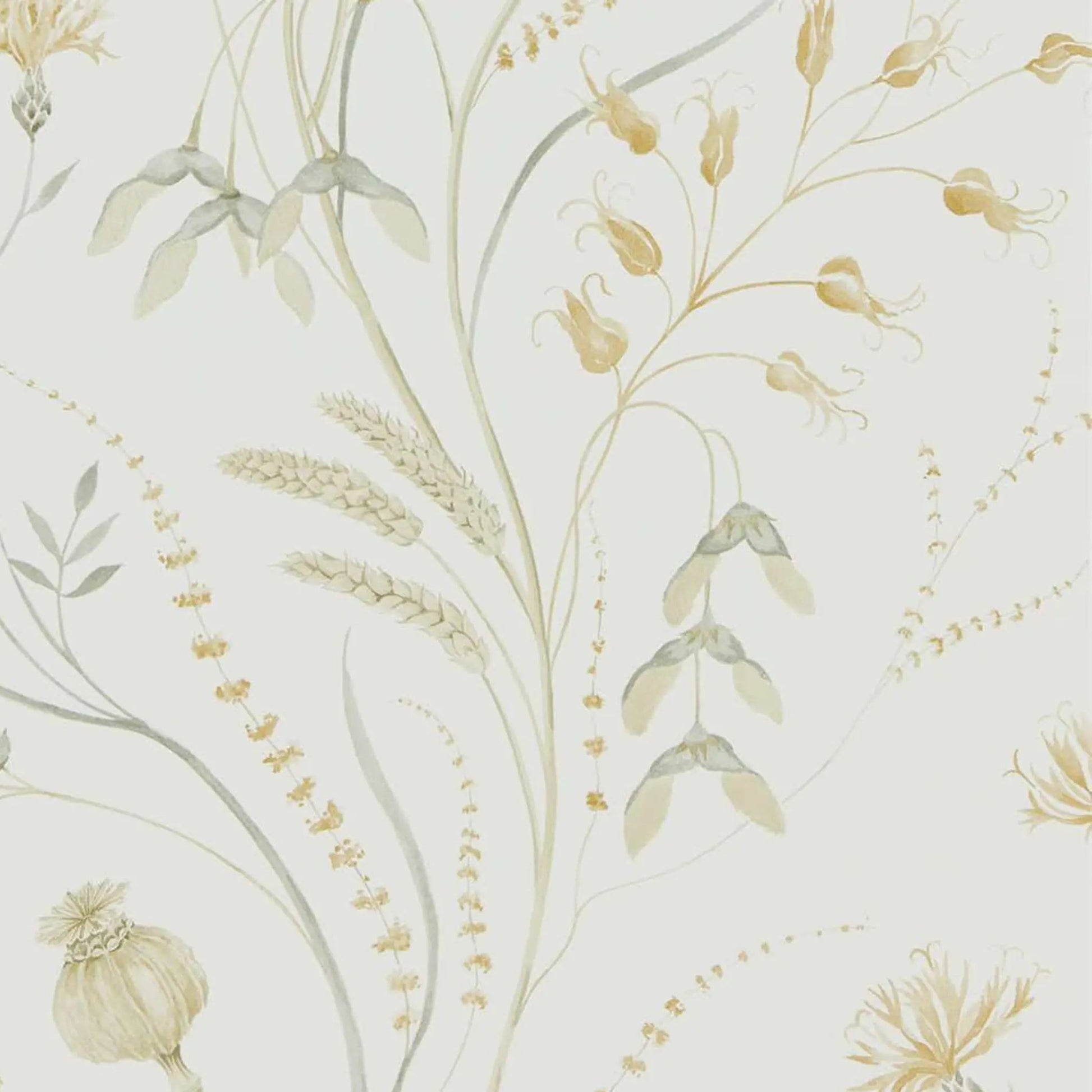 Decorative wallpaper with floral and leaf patterns on a light background