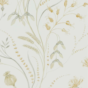 Decorative wallpaper with floral and leaf patterns on a light background