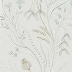 Decorative wallpaper with floral and leaf patterns on a light background