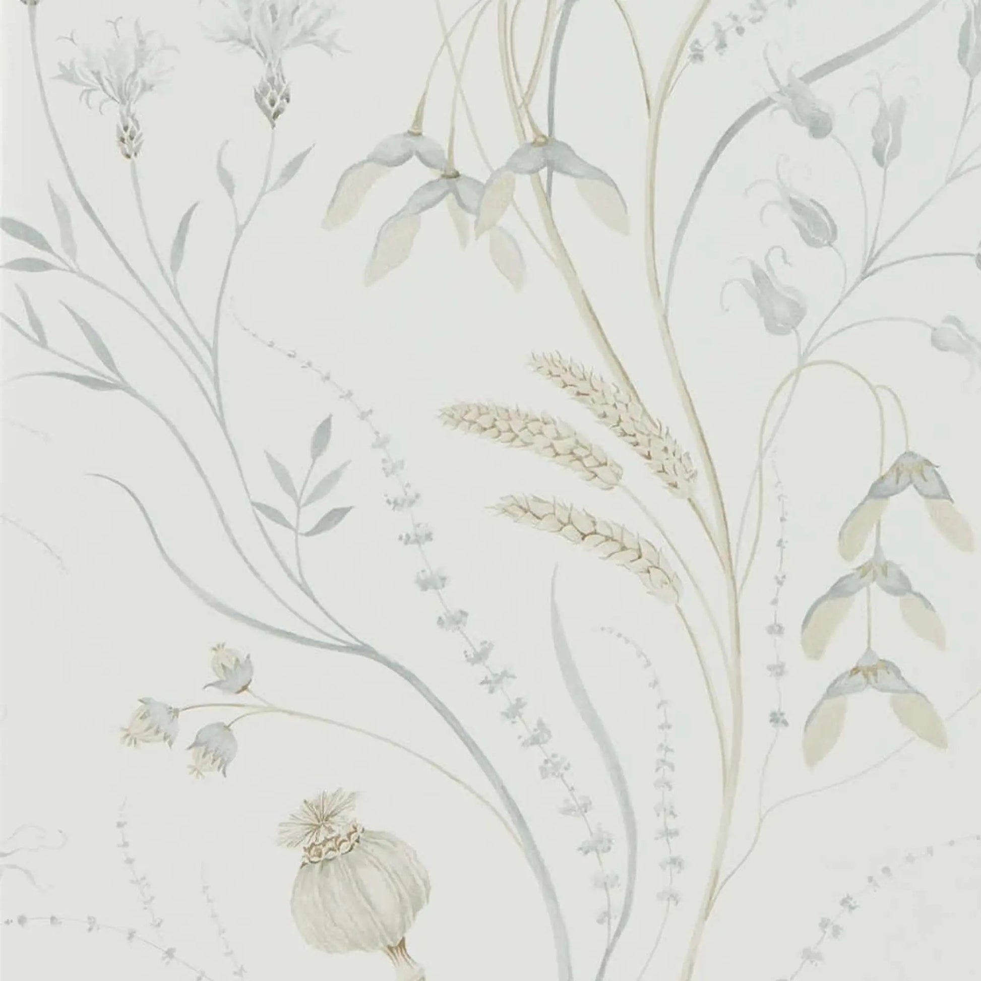 Decorative wallpaper with floral and leaf patterns on a light background
