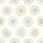 Pattern of decorative circular designs in blues, greens and greys on a white background