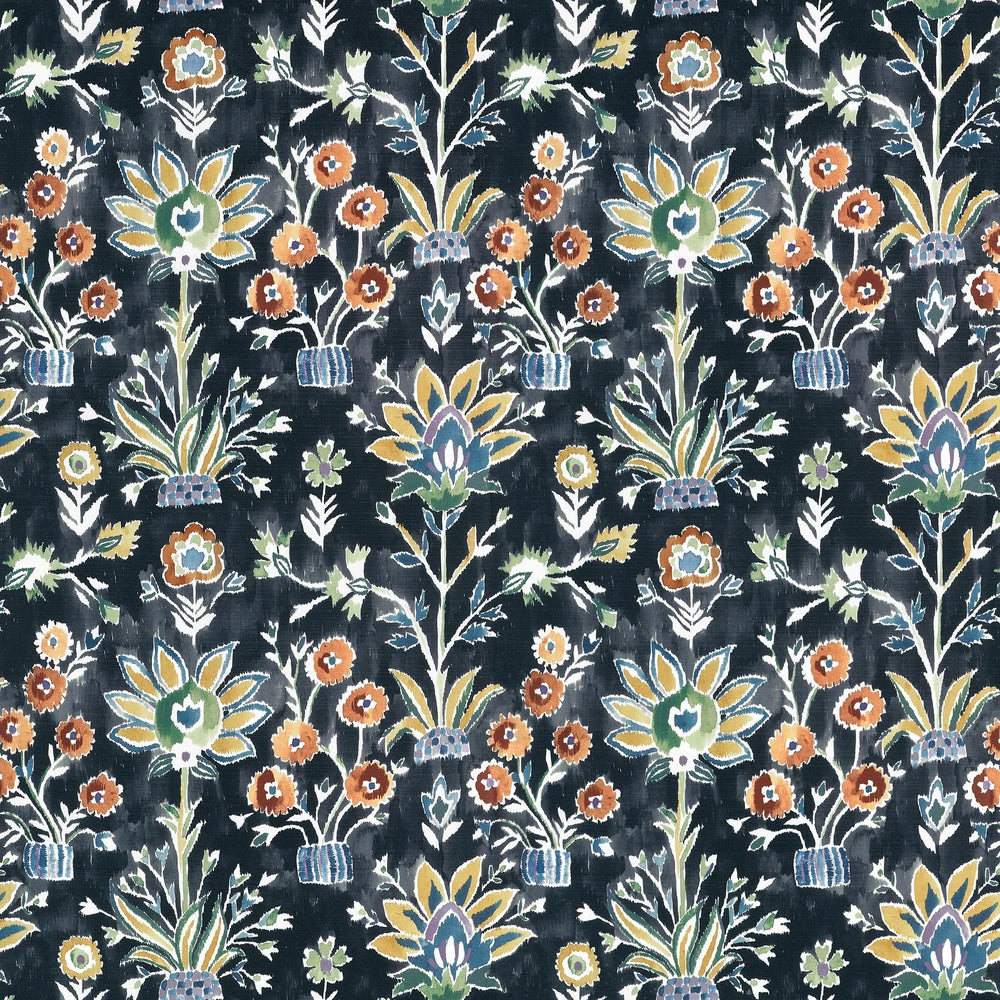 Floral patterned fabric with colorful flowers on a dark background