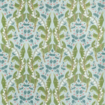 A repeating botanical pattern featuring green leaves, small white flowers, and tiny pink berries on a pale blue background.