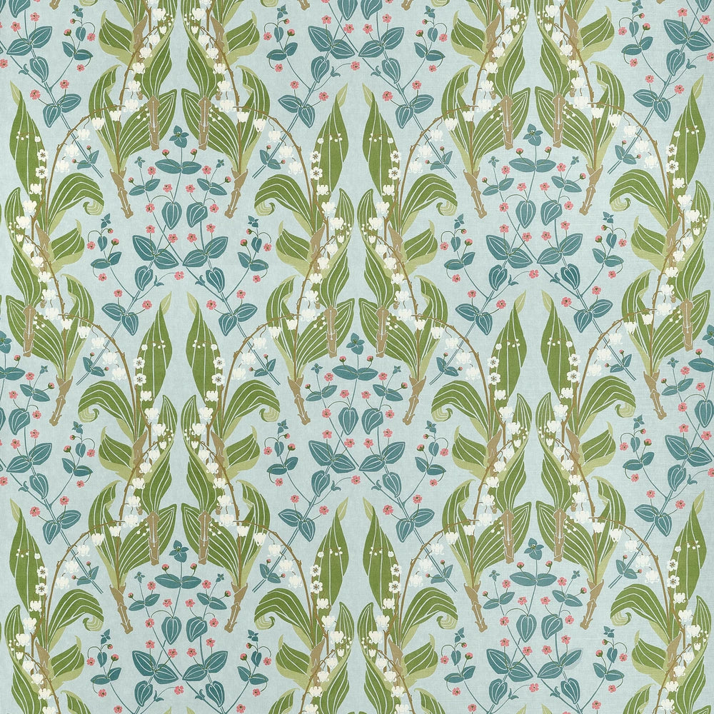 A repeating botanical pattern featuring green leaves, small white flowers, and tiny pink berries on a pale blue background.