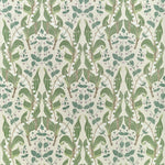 A repeating botanical pattern with symmetrical green leaves, small white flowers, and delicate stems on a warm off-white background.
