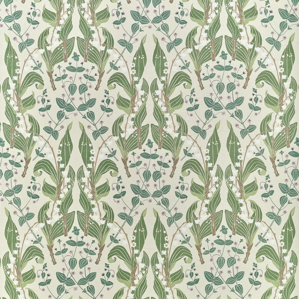 A repeating botanical pattern with symmetrical green leaves, small white flowers, and delicate stems on a warm off-white background.