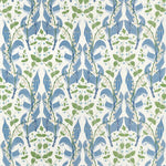 A repeating botanical pattern featuring blue stylized leaves and green vines on a white background.