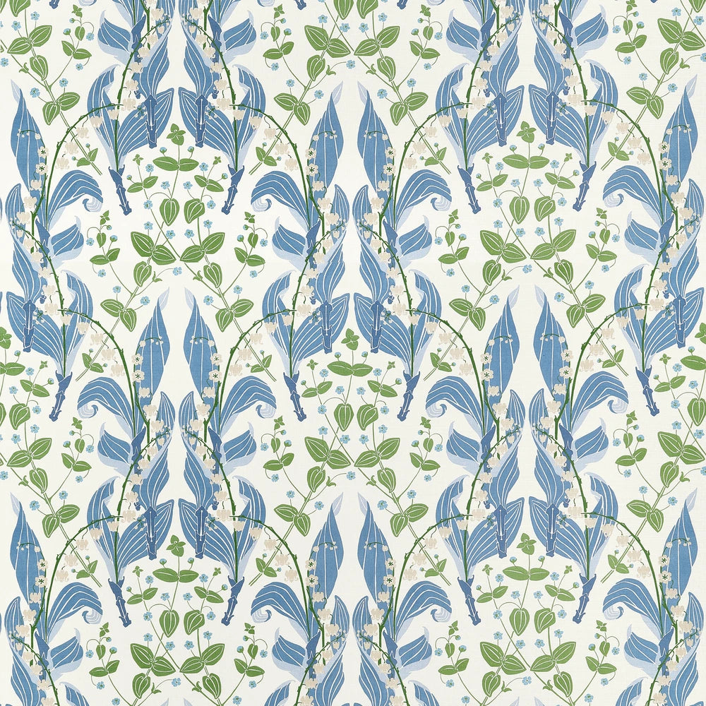 A repeating botanical pattern featuring blue stylized leaves and green vines on a white background.