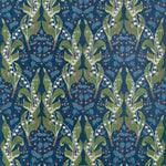 A repeating botanical pattern featuring green leaves, small white flowers, and tiny red berries on a dark navy blue background.