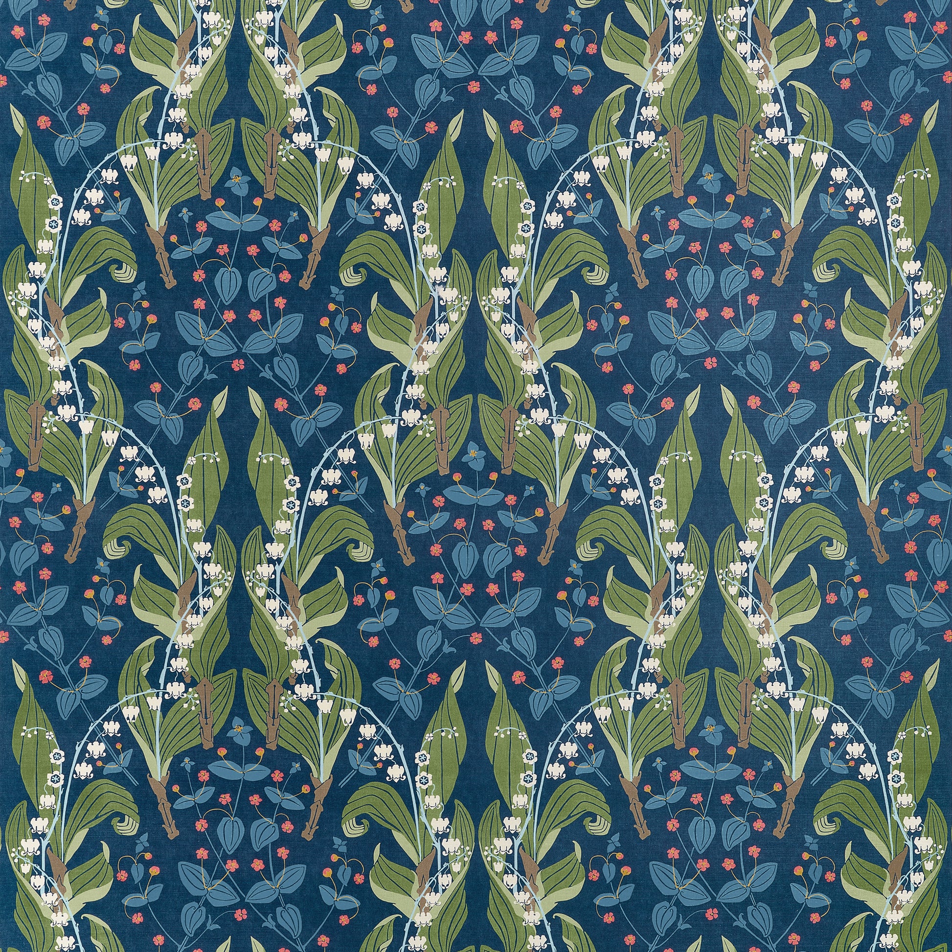 A repeating botanical pattern featuring green leaves, small white flowers, and tiny red berries on a dark navy blue background.