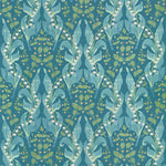 A repeating botanical pattern featuring stylized lily-of-the-valley vines, green leaves, and small yellow-and-white flowers on a teal blue background.