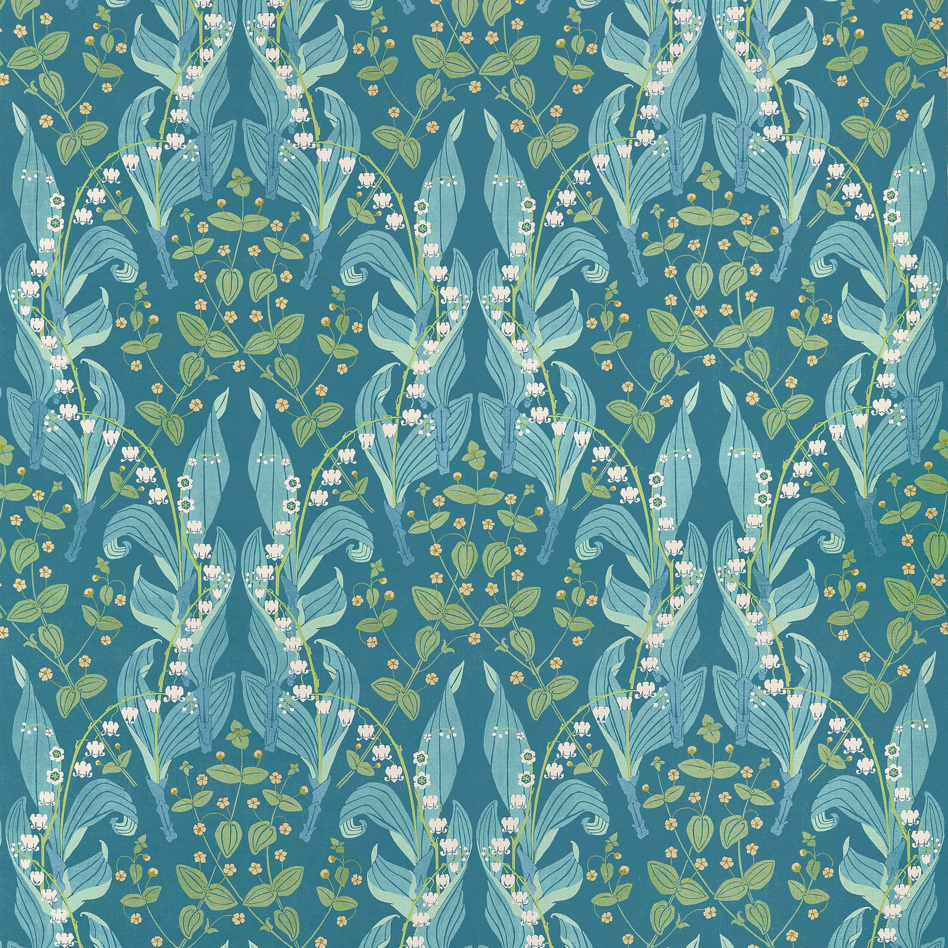 A repeating botanical pattern featuring stylized lily-of-the-valley vines, green leaves, and small yellow-and-white flowers on a teal blue background.