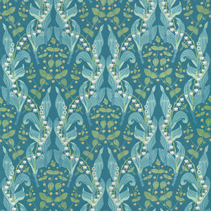 A repeating botanical pattern featuring stylized lily-of-the-valley vines, green leaves, and small yellow-and-white flowers on a teal blue background.