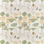 A repeating botanical pattern featuring lotus flowers, lotus leaves, cranes, and small birds on a light warm beige background.