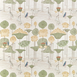 A repeating botanical pattern featuring lotus flowers, lotus leaves, cranes, and small birds on a light warm beige background.