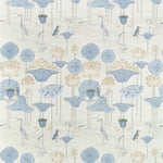 A repeating botanical pattern featuring blue lotus flowers, lotus leaves, cranes, and small birds on a light cream background.