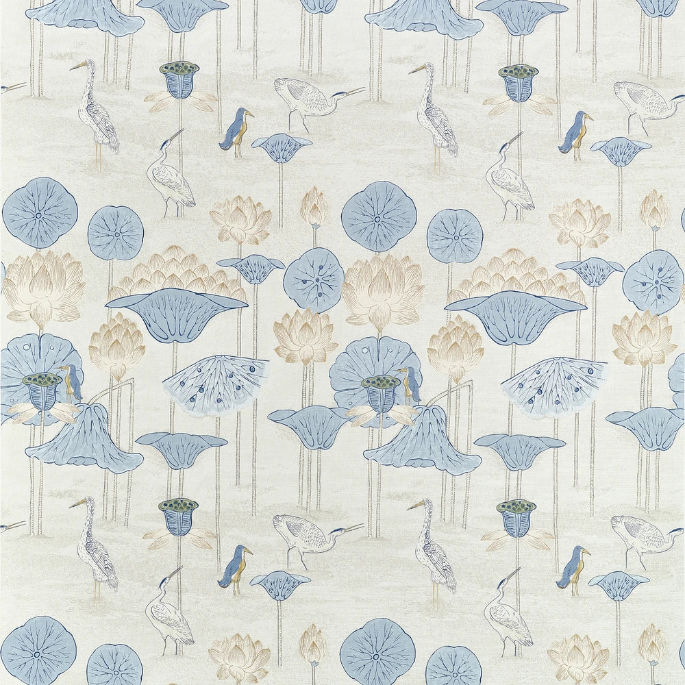 A repeating botanical pattern featuring blue lotus flowers, lotus leaves, cranes, and small birds on a light cream background.