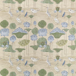 A repeating botanical and bird pattern on a warm beige background, featuring lotus leaves and flowers in muted green and pale blue, with white cranes and small blue birds.