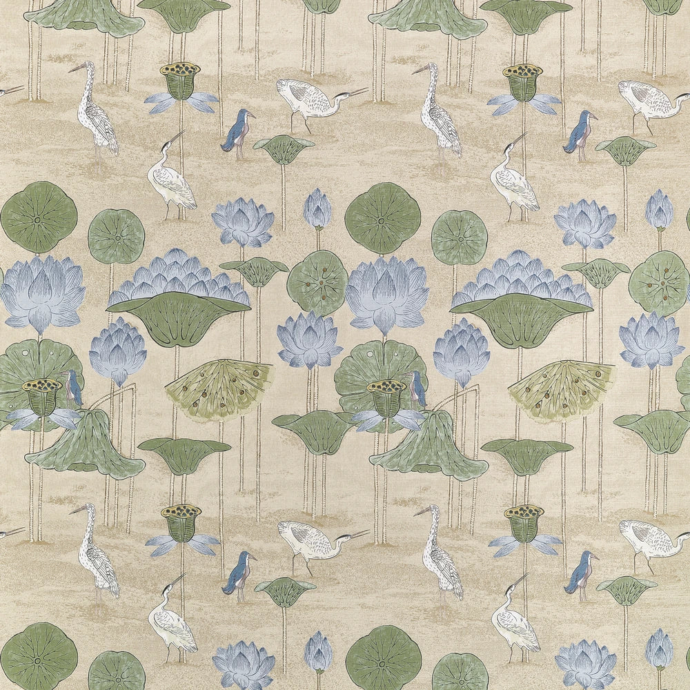 A repeating botanical and bird pattern on a warm beige background, featuring lotus leaves and flowers in muted green and pale blue, with white cranes and small blue birds.
