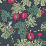 Pattern of green leaves and red berries on a dark background