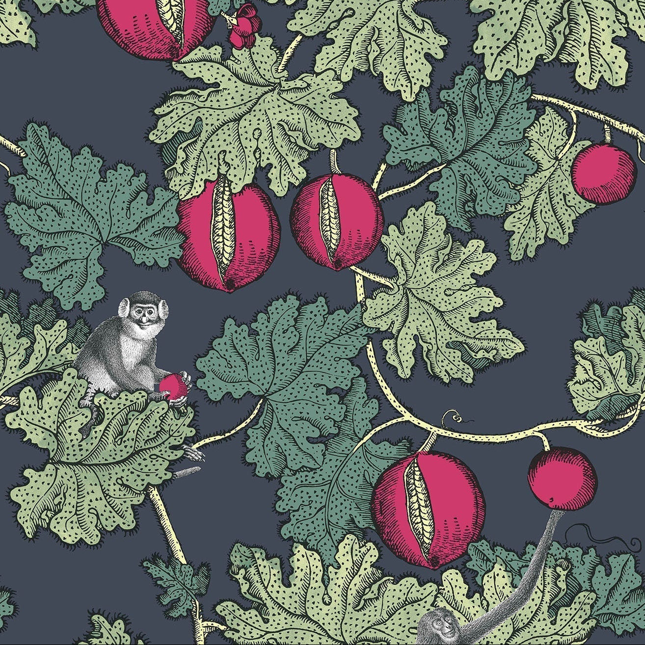 Pattern of green leaves and red berries on a dark background