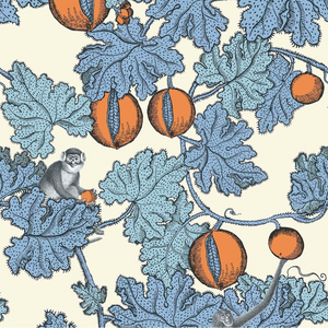 Decorative pattern with blue leaves and orange berries on a beige background