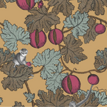 Decorative pattern with leaves, berries, and small figures on a beige background