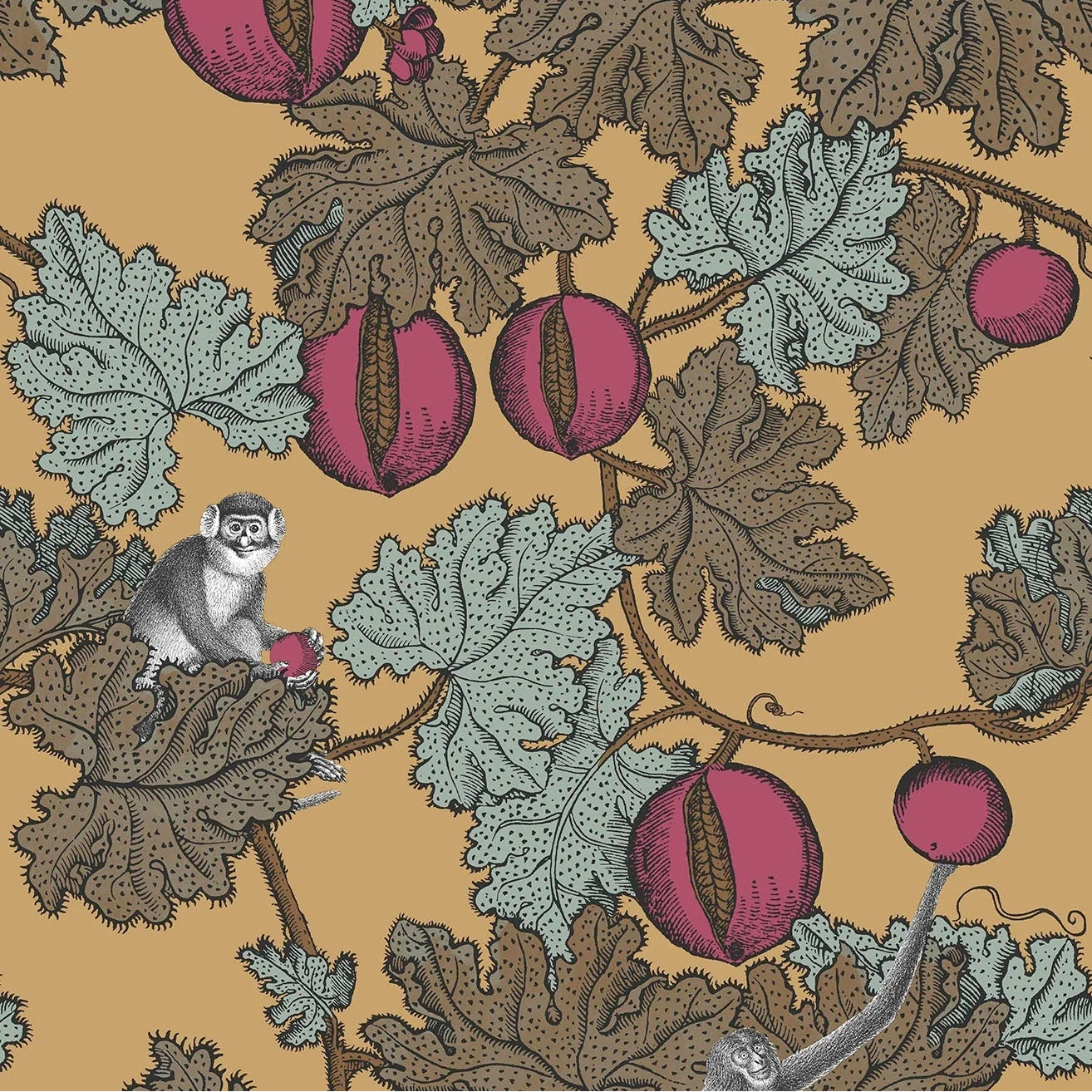 Decorative pattern with leaves, berries, and small figures on a beige background