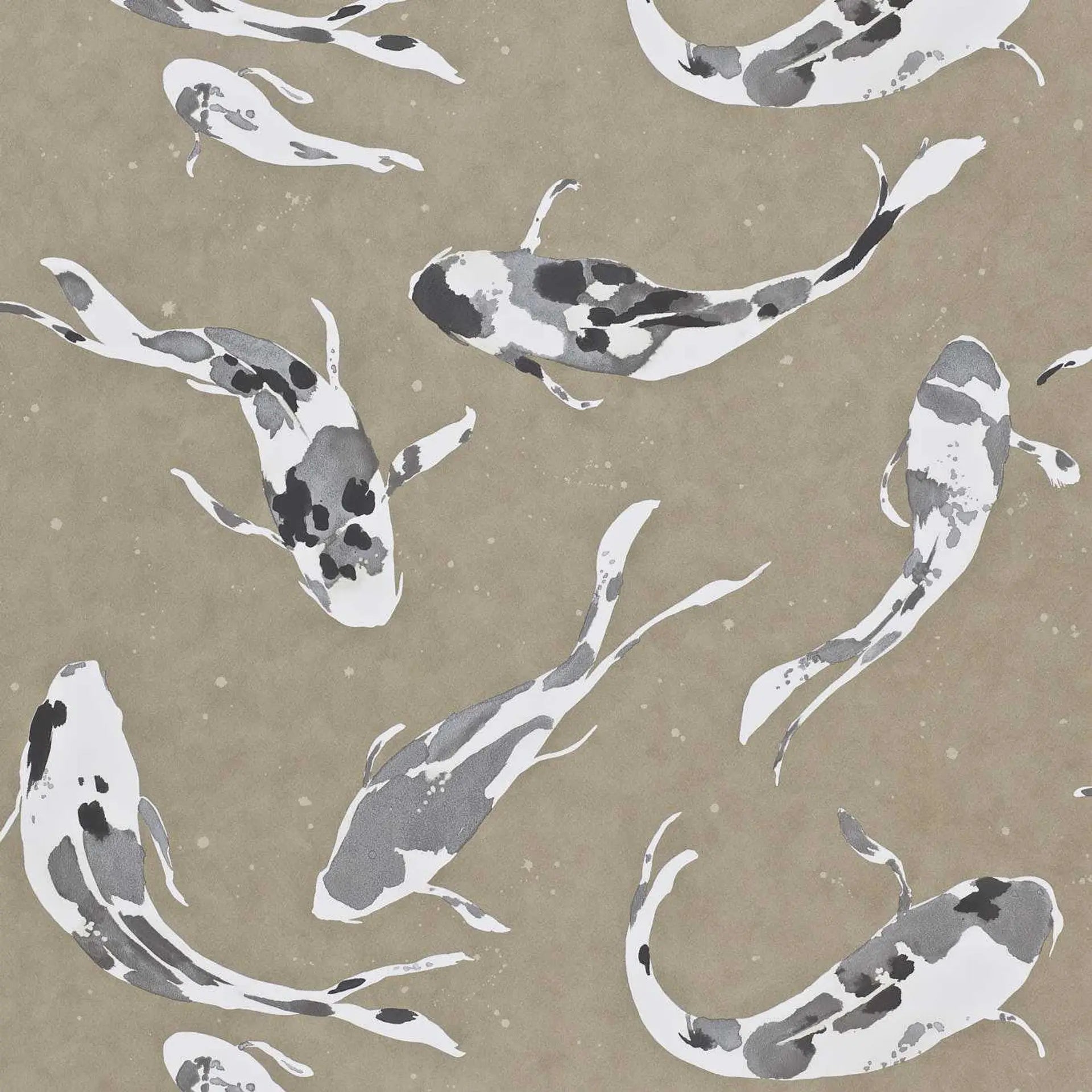 A repeating pattern of koi fish in white, gray, and black on a warm taupe-beige background.