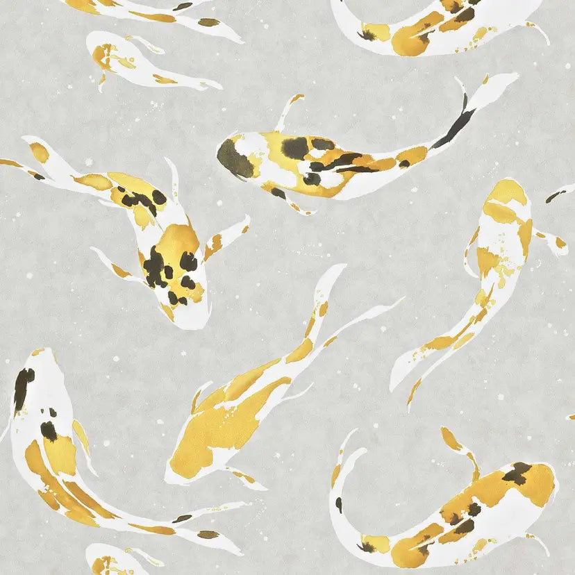 Pattern of gold and black koi fish on a light gray background