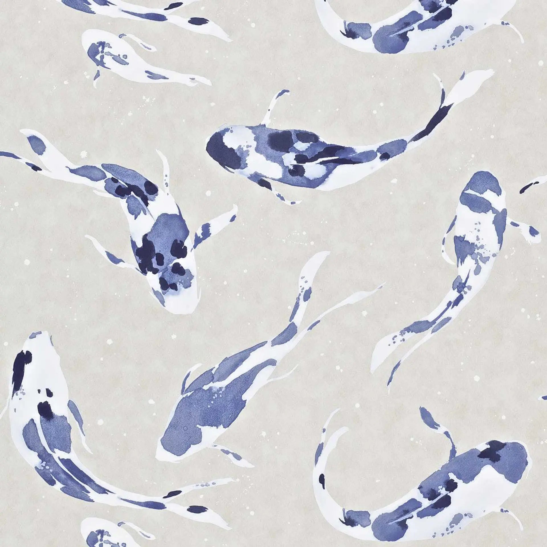 Pattern of blue and white koi fish on a beige background