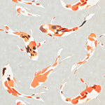A repeating pattern of koi fish in orange, white, and dark brown on a light gray background with subtle white speckles.