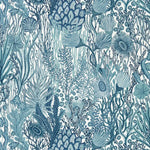 Pattern of blue seaweed and marine life on a white wallpaper