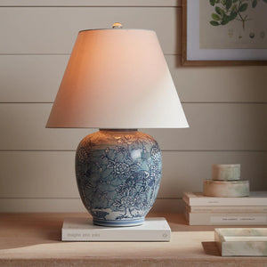 Decorative table lamp with floral patterns on a wooden surface.