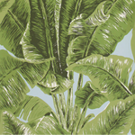 Banana Palm Leaves on wallpaper in greens on a blue background