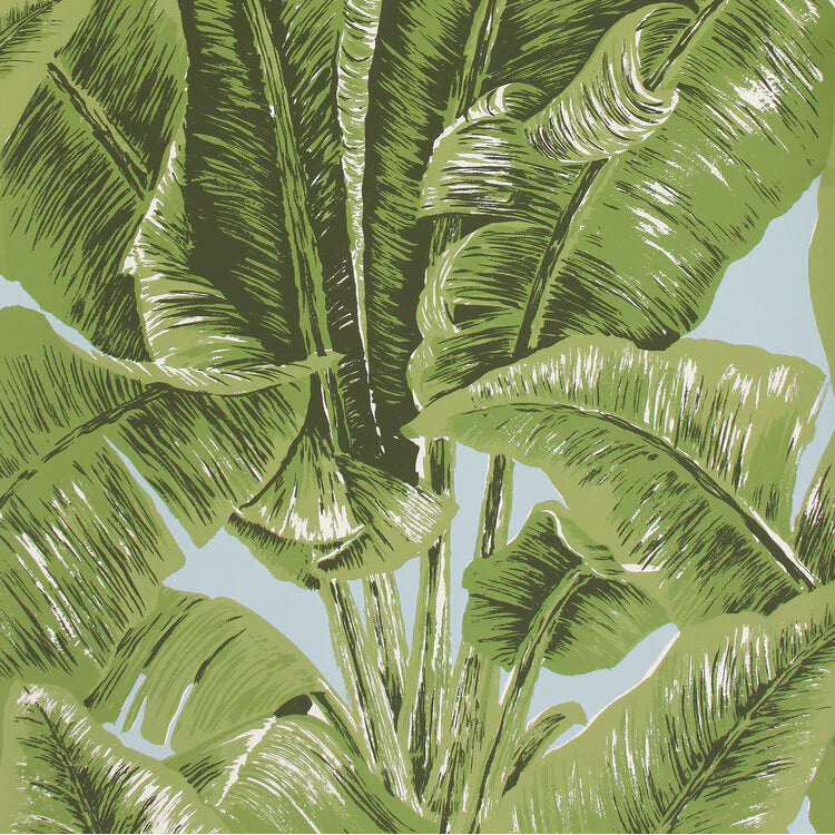 Banana Palm Leaves on wallpaper in greens on a blue background
