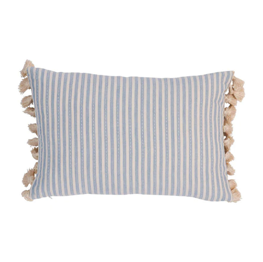 A throw pillow with a blue and white striped pattern and a fringed edge.