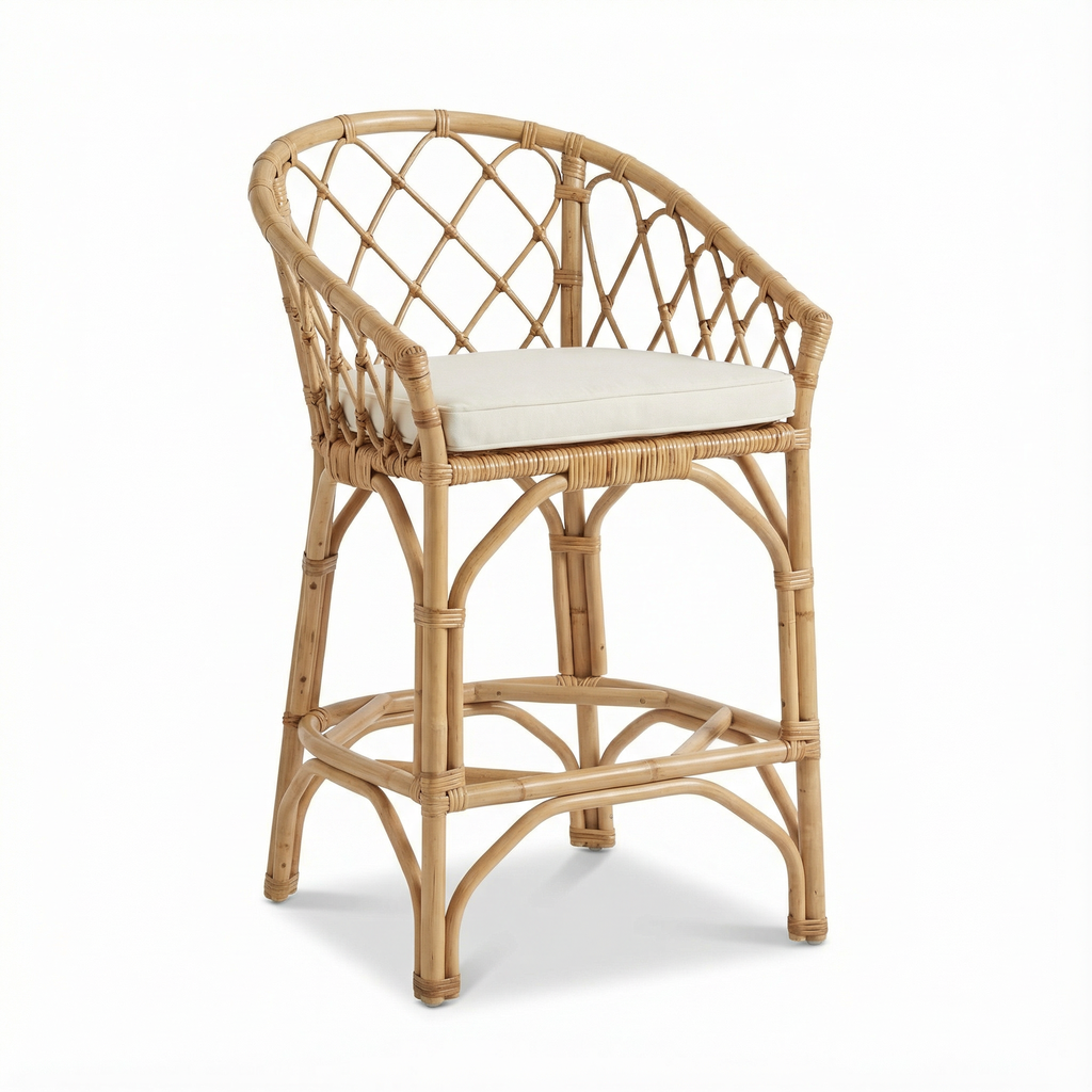 Wicker chair with a white cushion on a white background